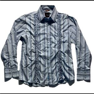 Roar Button Up Shirt Mens Large Blue Striped Embroidered Long Sleeve |
